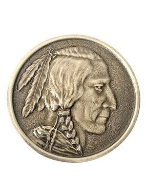 Vintage Native American Profile Pewter Belt Buckle With Feather Detailing